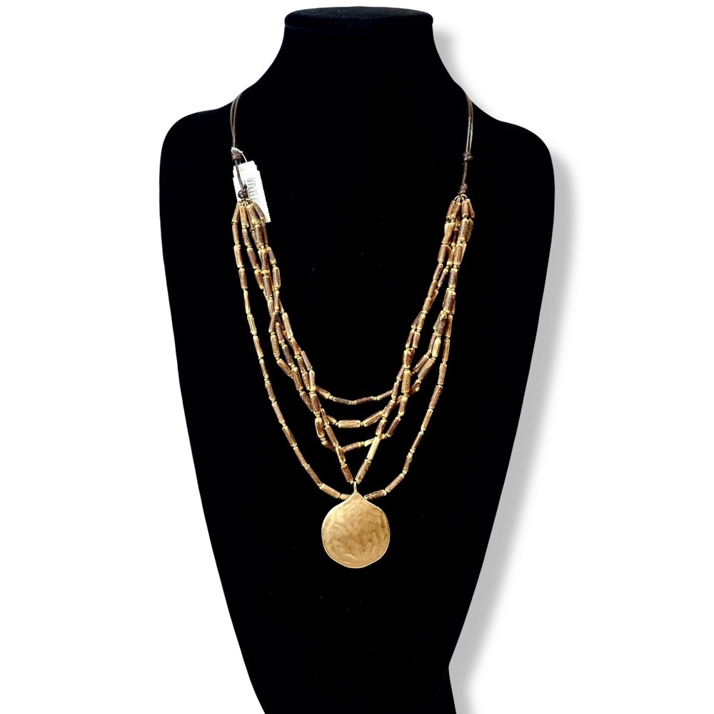 JJill Wooden Bead Multi Strand Gold Medallion Necklace